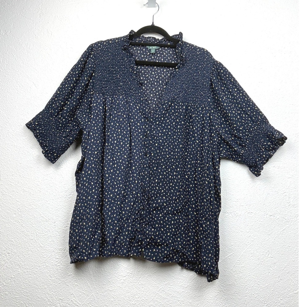 Terra & Sky Navy Blue Floral Blouse - 2X - Smocked Ruffle Boho Cottagecore